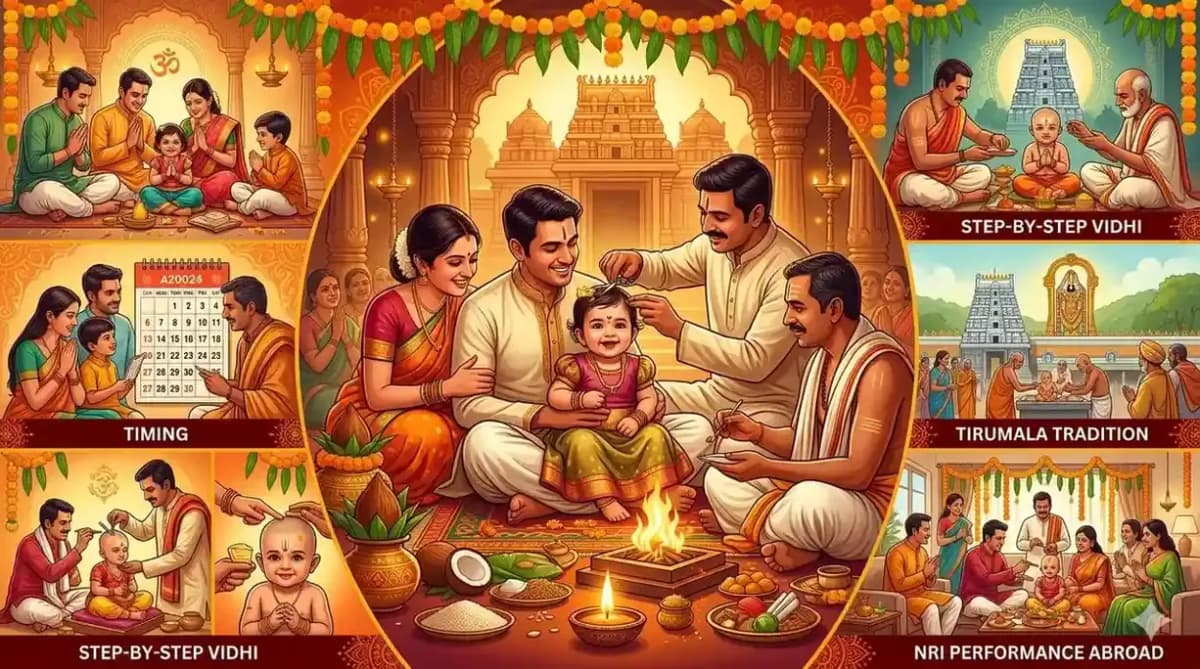 చూడాకరణం (ముండనం) — శిశువు తొలి కేశఖండన సంస్కారం (NRI గైడ్)