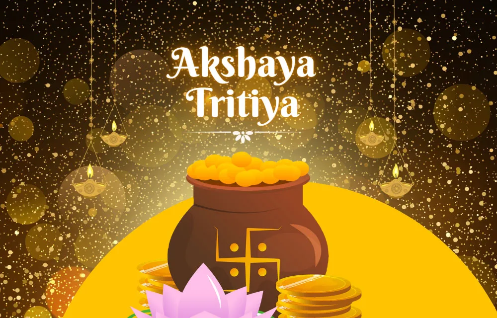 Akshaya Tritiya illustration: clay kalash of gold coins on a lotus, with hanging oil lamps