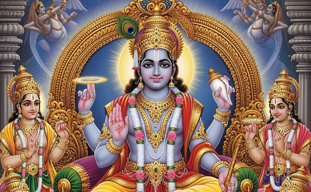 Illustration of Lord Vishnu seated between two goddesses in an ornate golden shrine