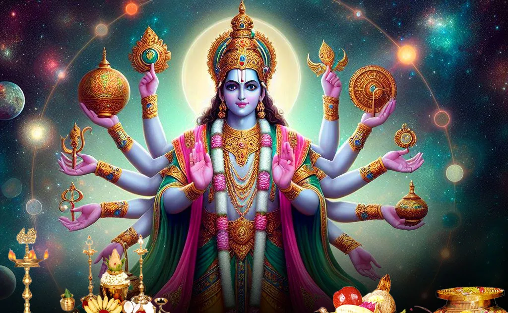 Illustration of Lord Vishnu with many arms holding divine emblems against a starry sky