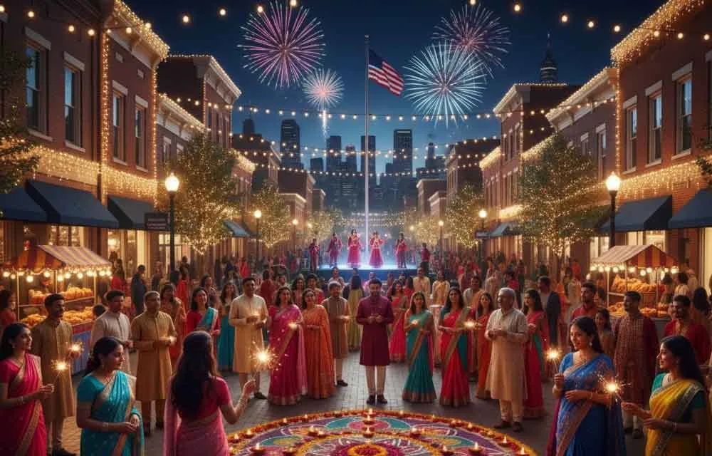 Crowds on a street decorated for Diwali with fireworks overhead