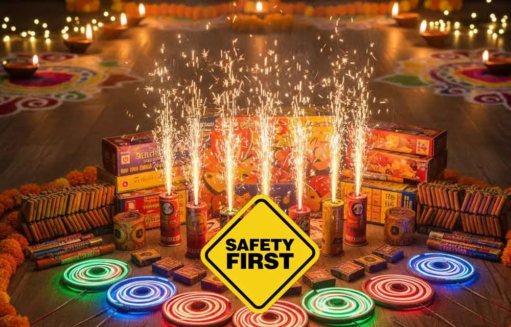 Sparkler fountains on a rangoli with a Safety First sign for Diwali