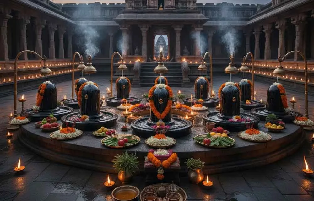 Rows of Shiva Lingams decorated for Rudrabhishekam in a temple hall