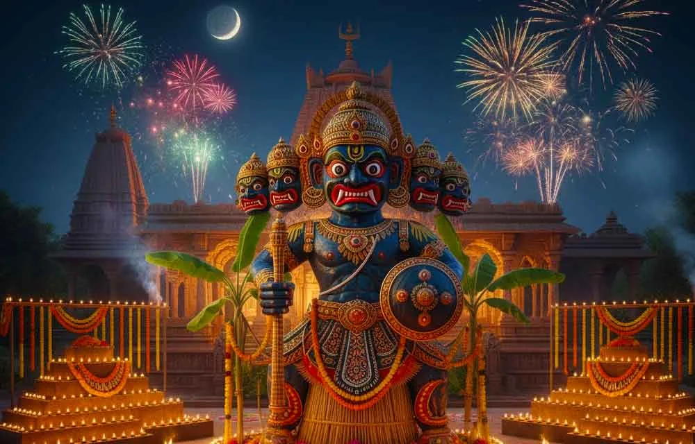 A composite image representing Narakasura Chaturdashi (Choti Diwali) celebrations in the USA. The foreground shows a vibrant Rangoli design and several lit clay lamps (diyas). In the background, a modern Hindu temple or cultural center is subtly visible, adorned with festive lights. A diverse group of Indian-American families in colorful traditional attire are gathered, symbolizing the community's triumph of light over darkness and the defeat of the demon Narakasura.