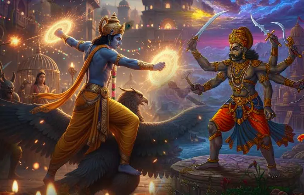 నరకాసురుడు మరియు శ్రీకృష్ణుని కథ: నరక చతుర్దశి ఆవిర్భావం — పండుగలు