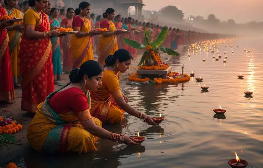 Women floating small oil lamps on a river at dawn, a Karthika and Poli Swargam custom