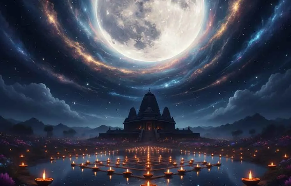 A dramatic, spiritually evocative night scene centered around a magnificent, glowing Full Moon that dominates the sky. The moon is surrounded by a swirling cosmic energy vortex of gold, blue, and purple nebulae and stars, suggesting the power of the Karthika Pournami. Below, a symmetrical, ancient-style temple or shrine sits silhouetted against a mountain range. The foreground features a calm body of water reflecting the scene, with dozens of illuminated traditional earthen lamps (diyas) arranged geometrically on and around the water, creating a path of light towards the temple. The overall atmosphere is one of profound celestial and spiritual alignment, glowing with sacred light.