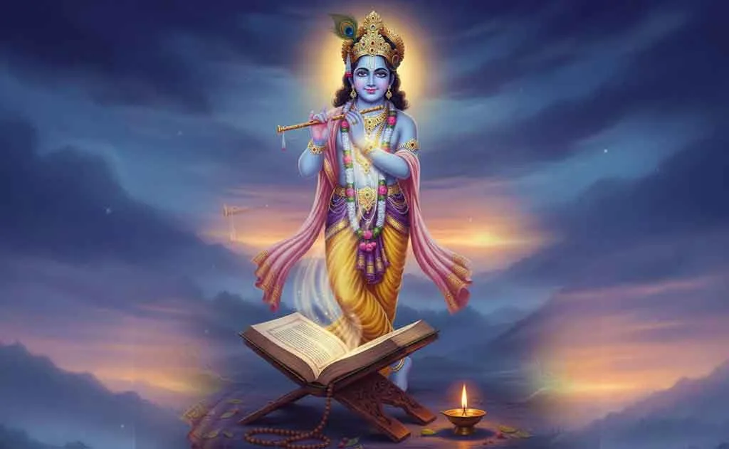 Lord Krishna with his flute beside an open Bhagavad Gita and a lit lamp